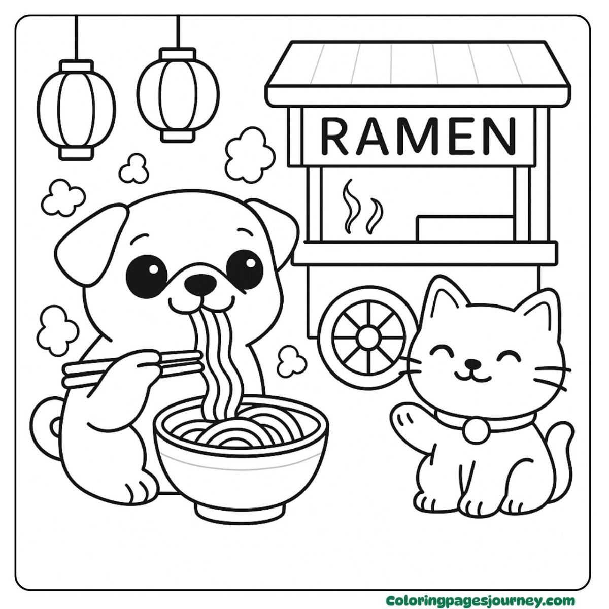 A pug coloring page slurping ramen with a lucky cat A pug coloring page enjoying ramen beside a cat