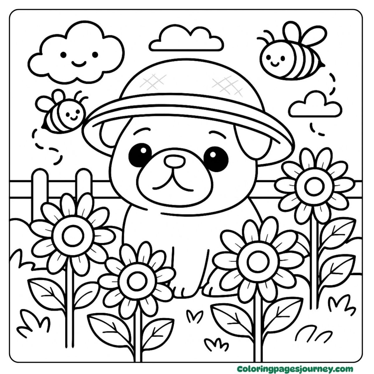 A pug coloring page sunflower garden with buzzing bees A pug coloring page featuring pug in sunflower field
