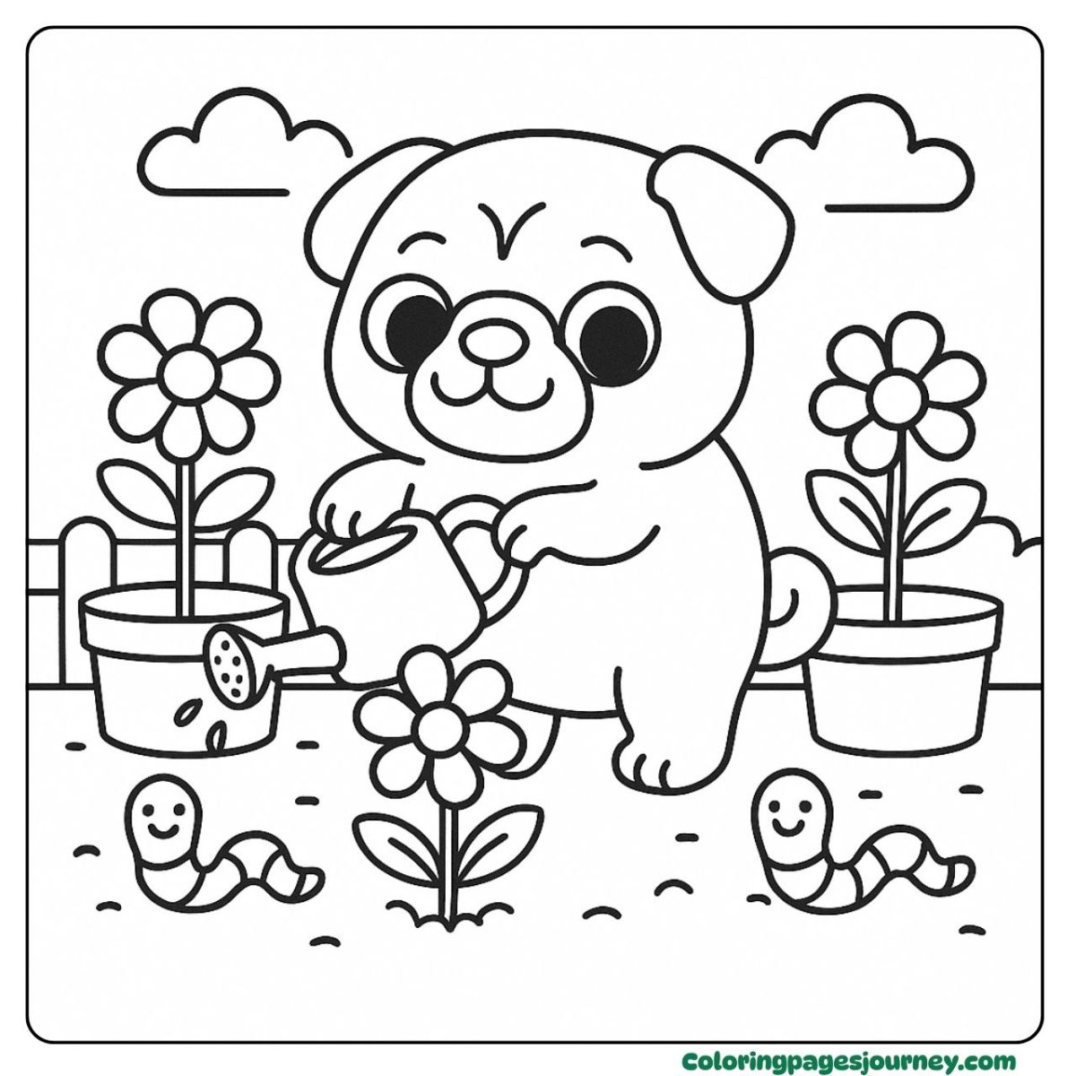 A pug coloring page watering flowers in the garden A pug coloring page with pug watering garden flowers
