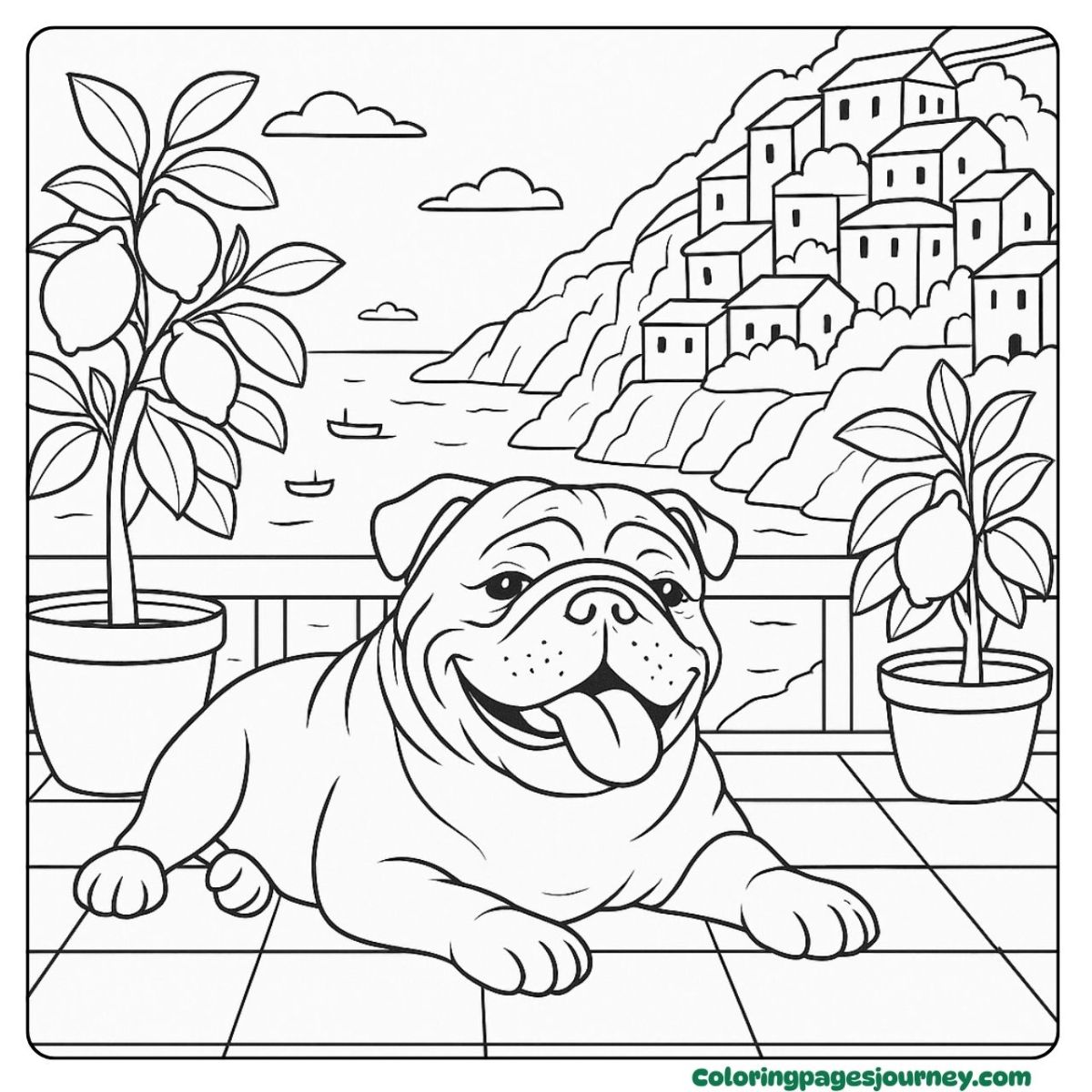 A realistic Bulldog coloring page enjoying a coastal balcony A realistic Bulldog coloring page with sea and hillside houses