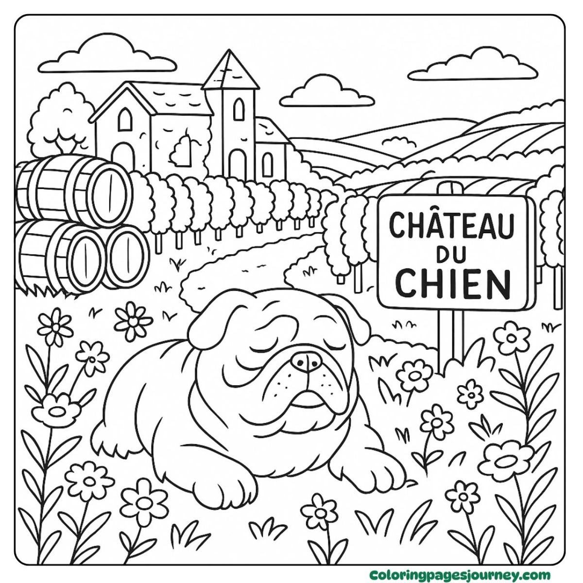 A realistic Bulldog coloring page resting in a vineyard A realistic Bulldog coloring page with a poetic vineyard view