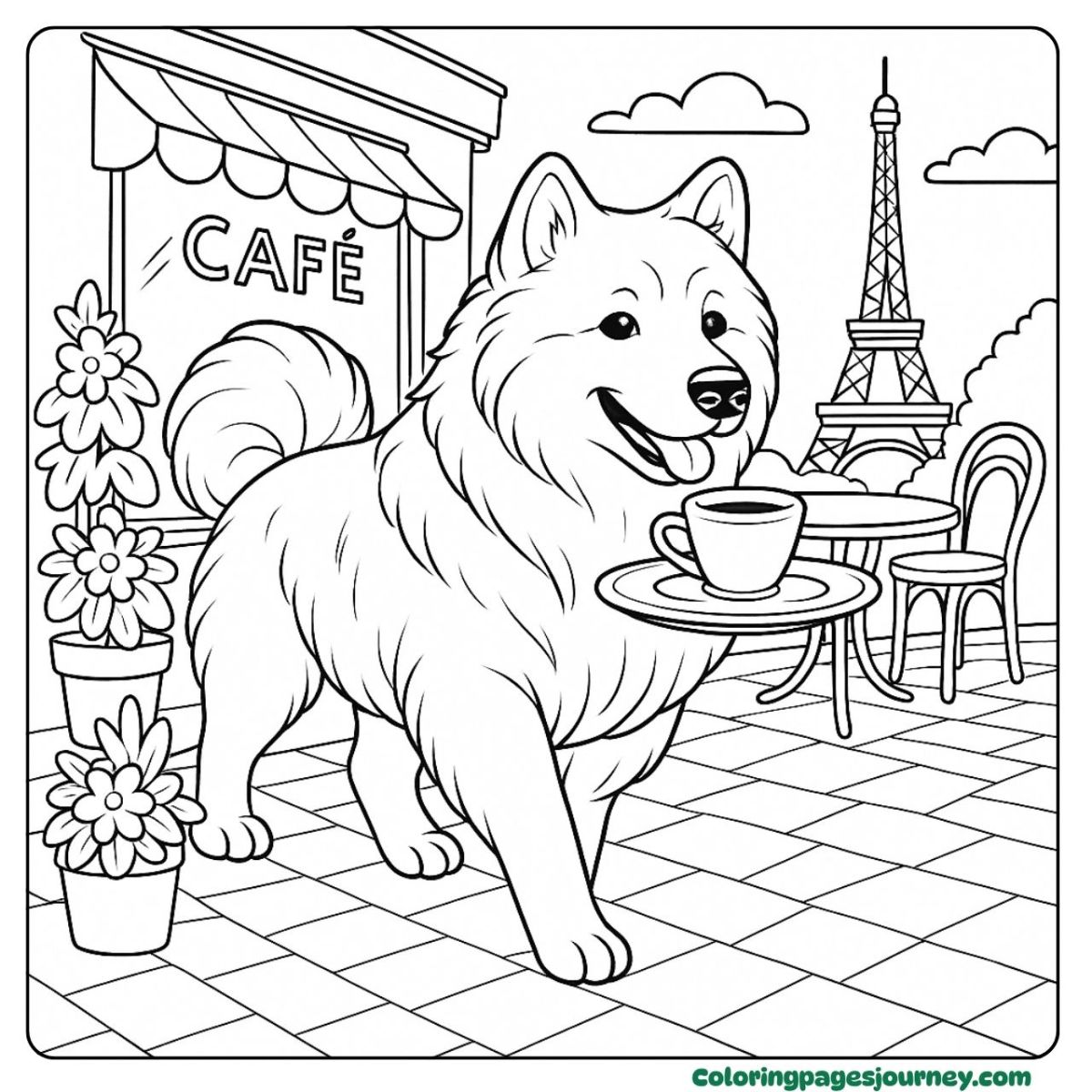 A realistic dog coloring page at a Paris café A realistic dog coloring page with Paris café scene