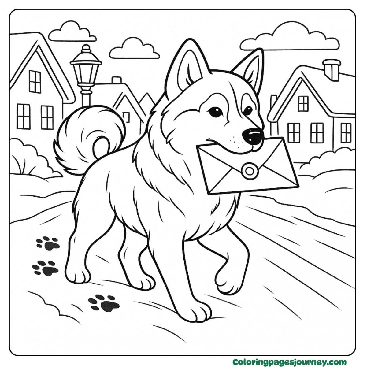 A realistic dog coloring page delivering letters A realistic dog coloring page with mail dog in village