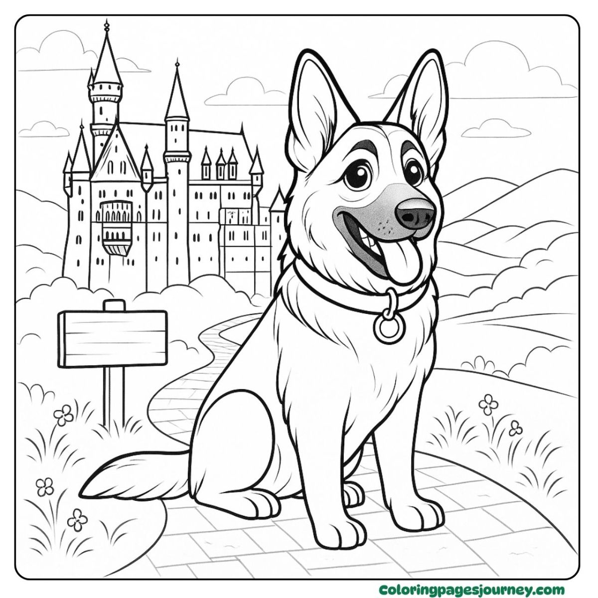 A realistic dog coloring page in front of a castle A realistic dog coloring page with castle background