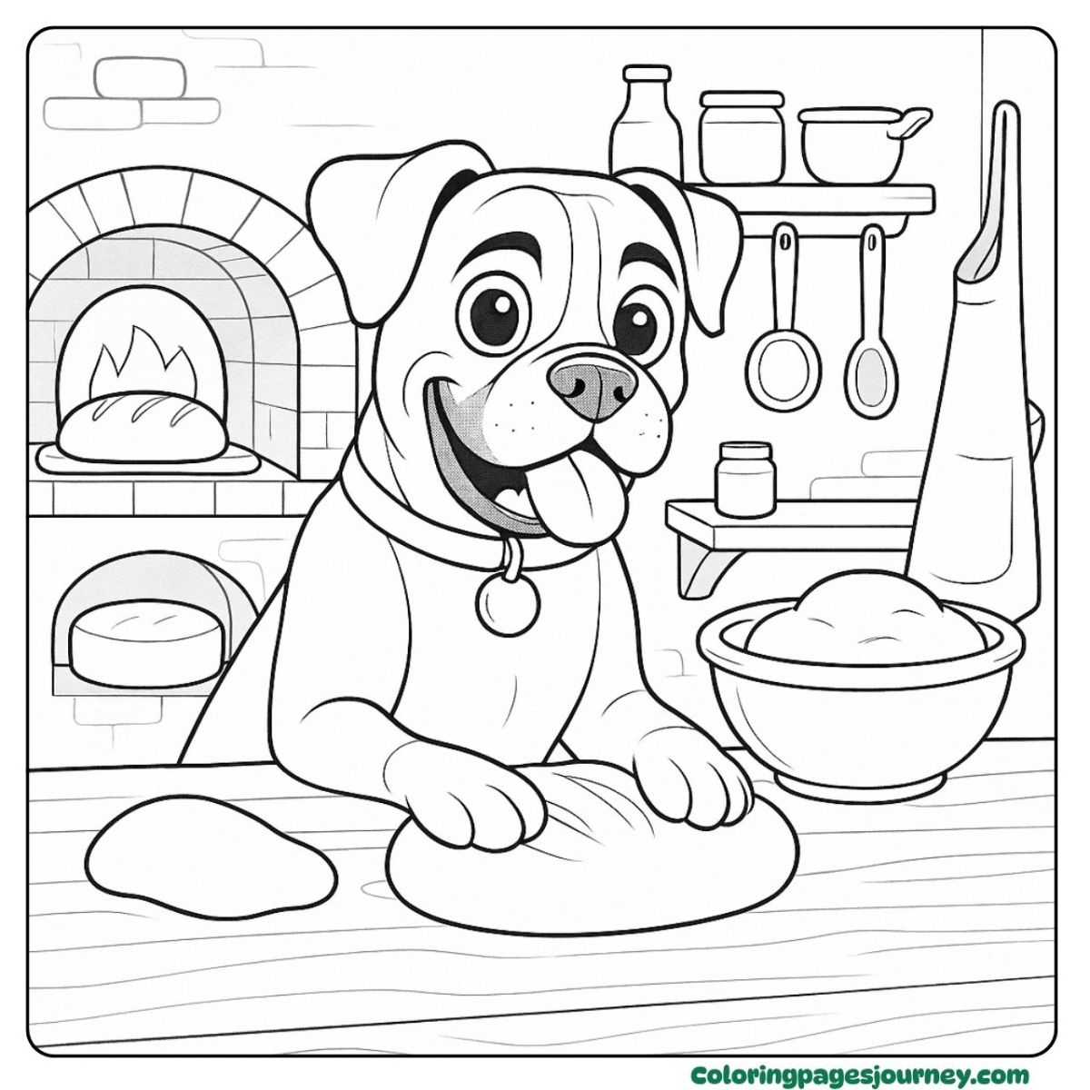 A realistic dog coloring page kneading bread dough A realistic dog coloring page in cozy kitchen baking bread