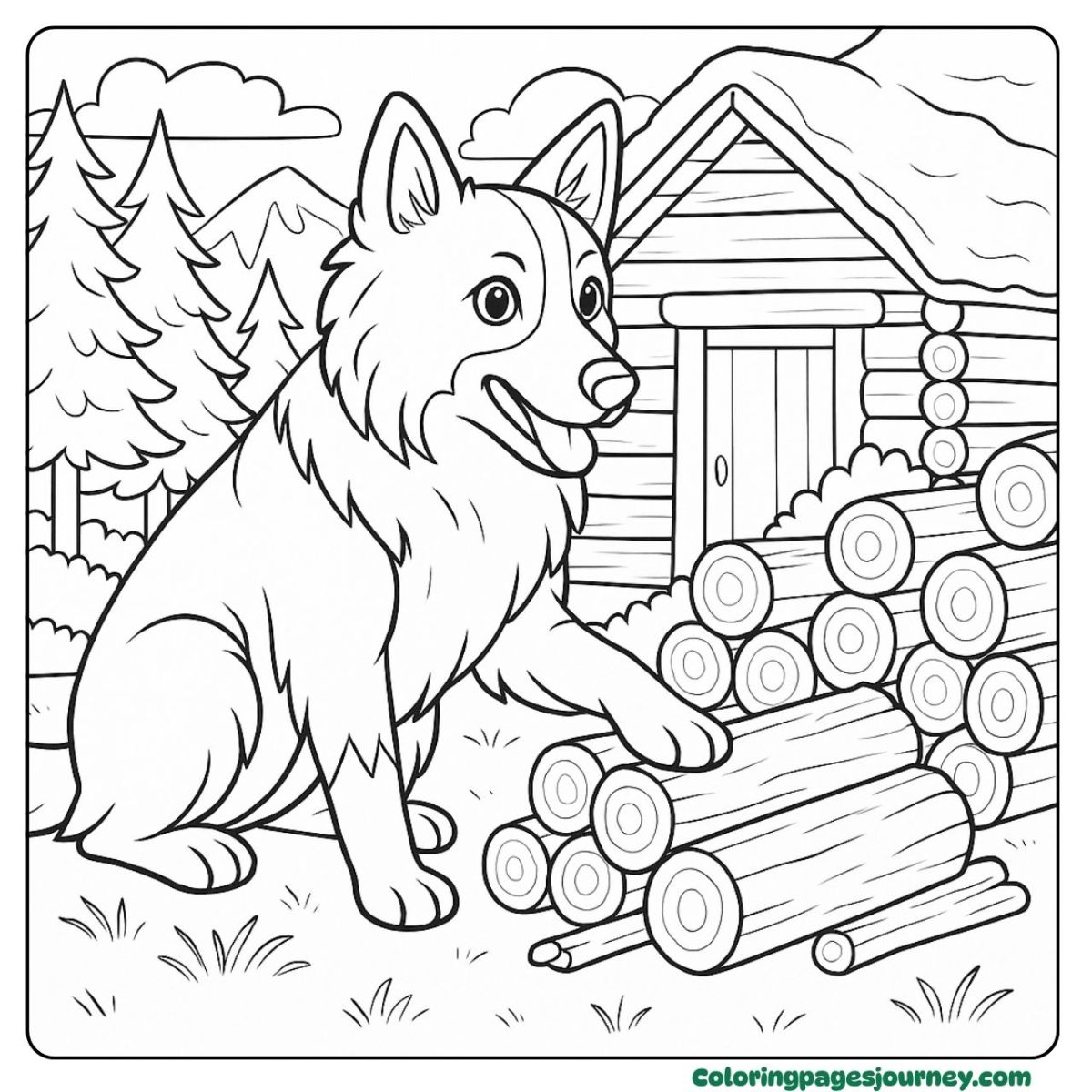 A realistic dog coloring page near a log cabin A realistic dog coloring page with wood logs and cabin