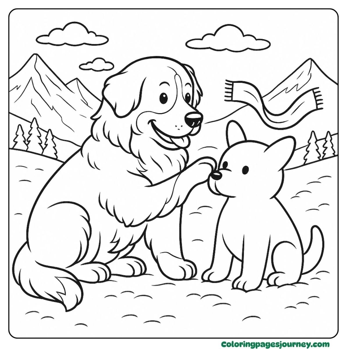A realistic dog coloring page playing in the mountains A realistic dog coloring page with two dogs in the mountains