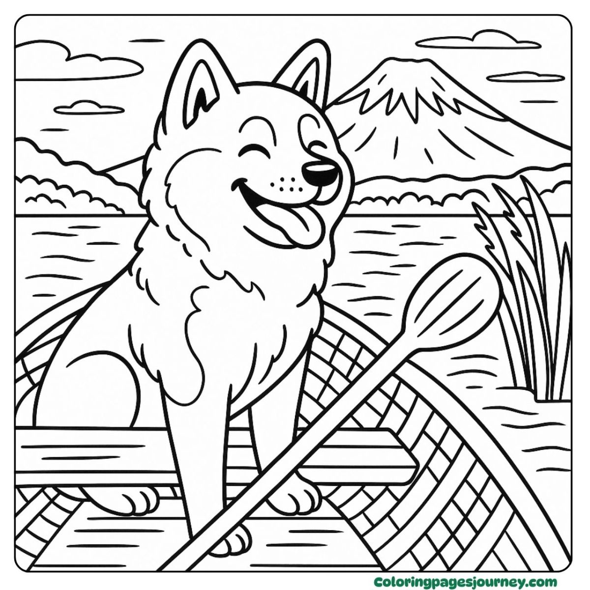 A realistic dog coloring page rowing on the lake A realistic dog coloring page on the lake with mountains