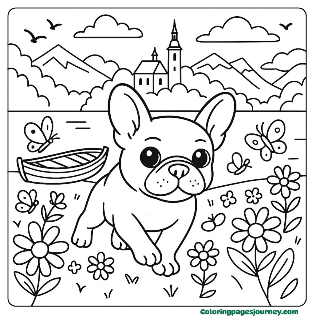 A realistic French Bulldog coloring page by a mountain lake A realistic French Bulldog coloring page in a floral valley