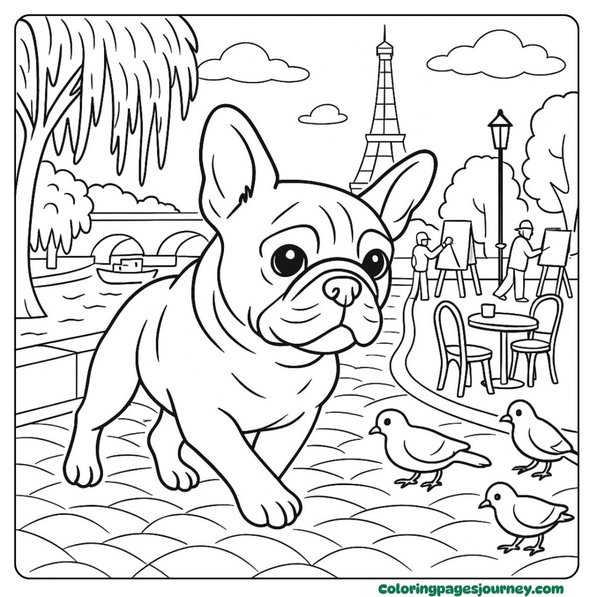 A realistic French Bulldog coloring page walking in Paris A realistic French Bulldog coloring page near Eiffel Tower