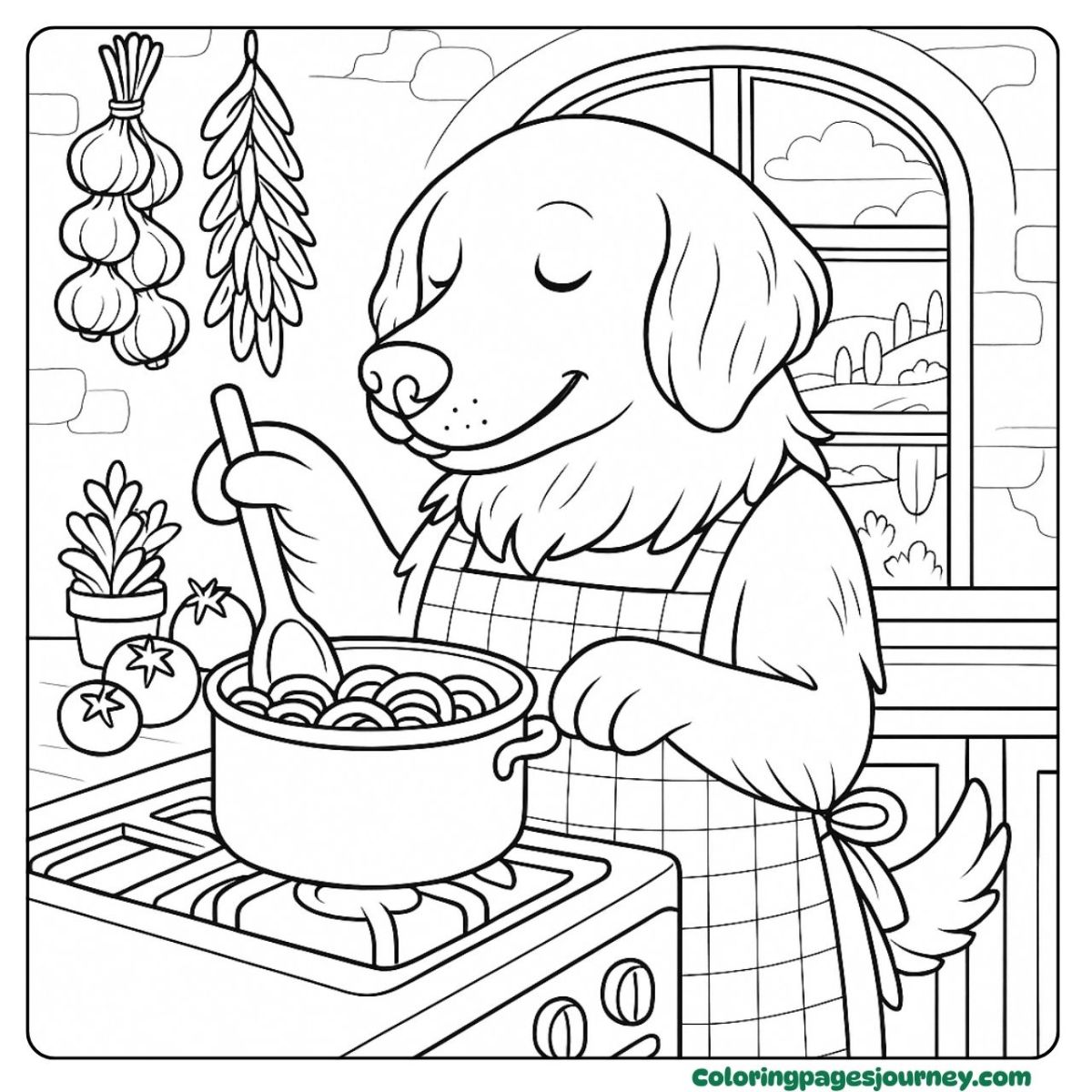 A realistic Golden Retriever coloring page cooking pasta A realistic Golden Retriever coloring page in the kitchen