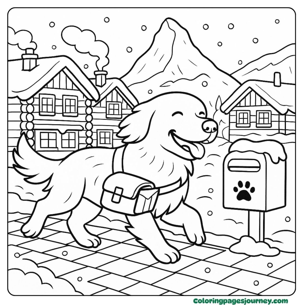 A realistic Golden Retriever coloring page delivering winter mail A realistic Golden Retriever coloring page with snowy village