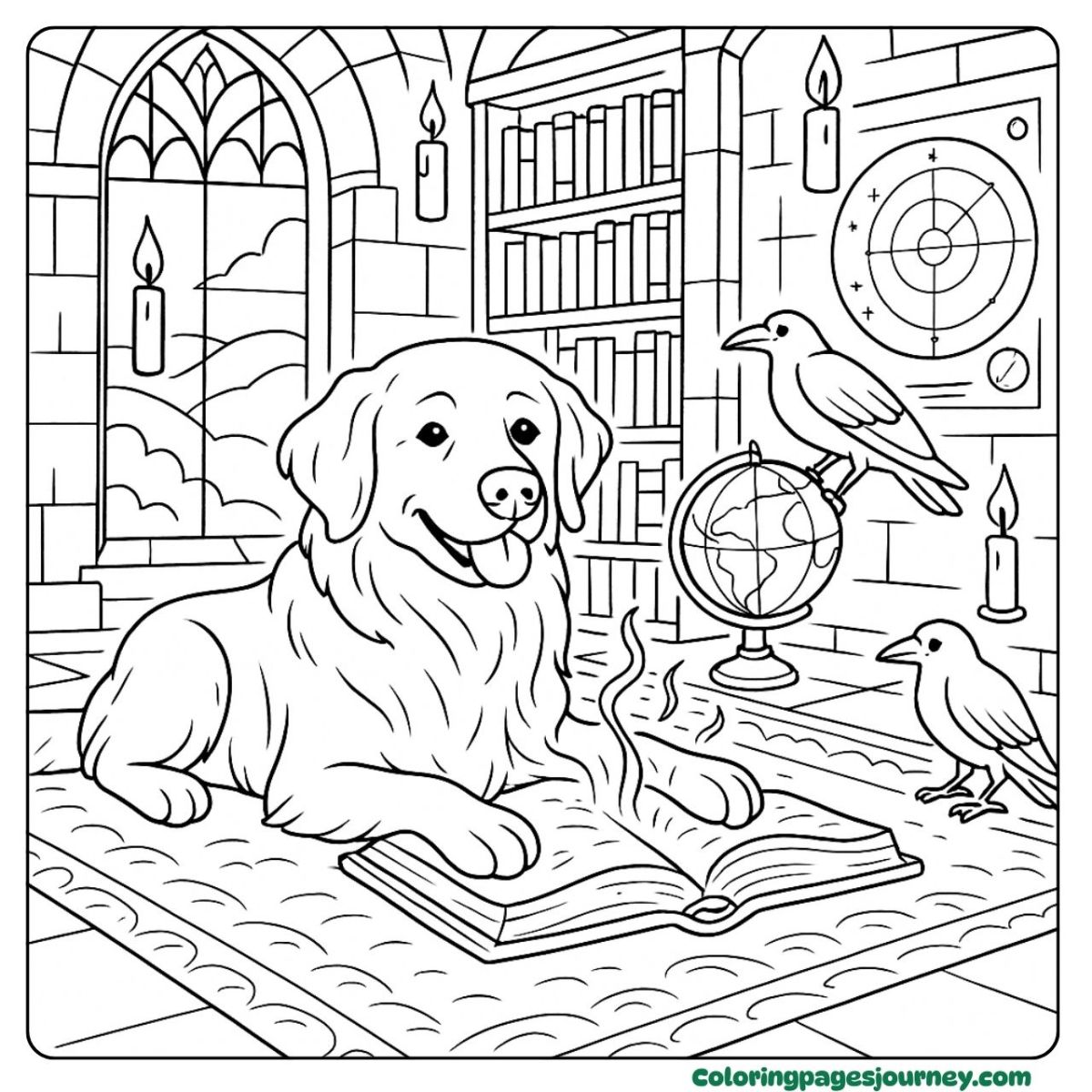 A realistic Golden Retriever coloring page in a magical library A realistic Golden Retriever coloring page with an open book