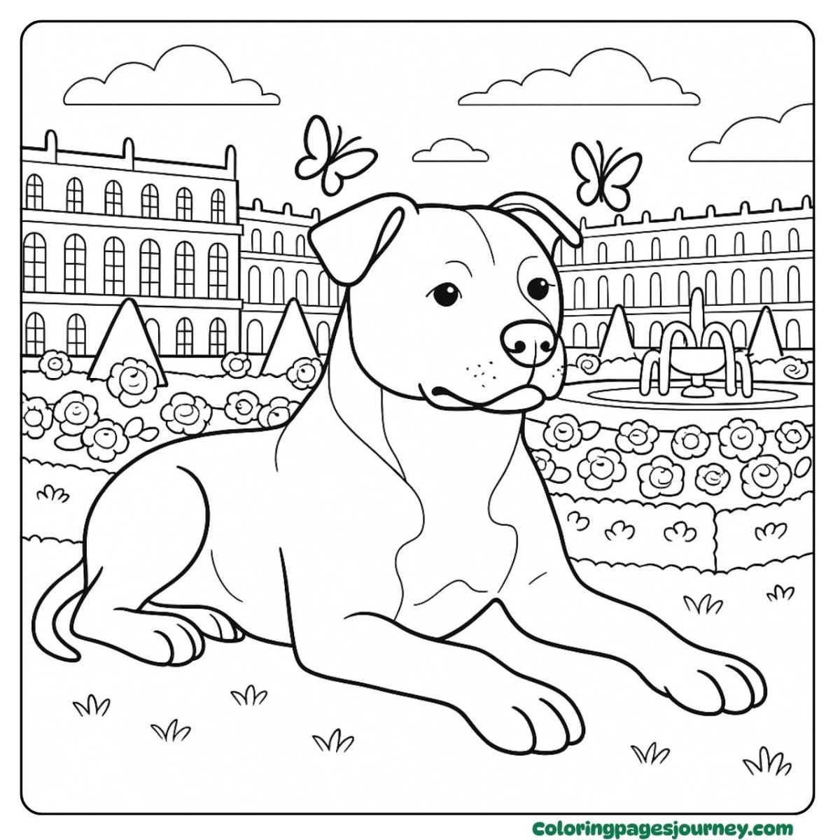 A realistic Pitbull coloring page resting in palace gardens A realistic Pitbull coloring page in royal garden setting