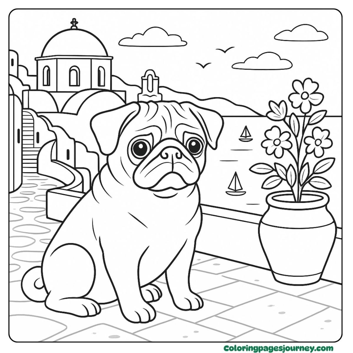 A realistic Pug coloring page by the seaside view A realistic Pug coloring page sitting by the ocean