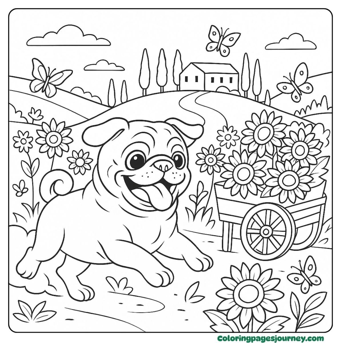 A realistic Pug coloring page in a sunny flower field A realistic Pug coloring page with blooming flowers