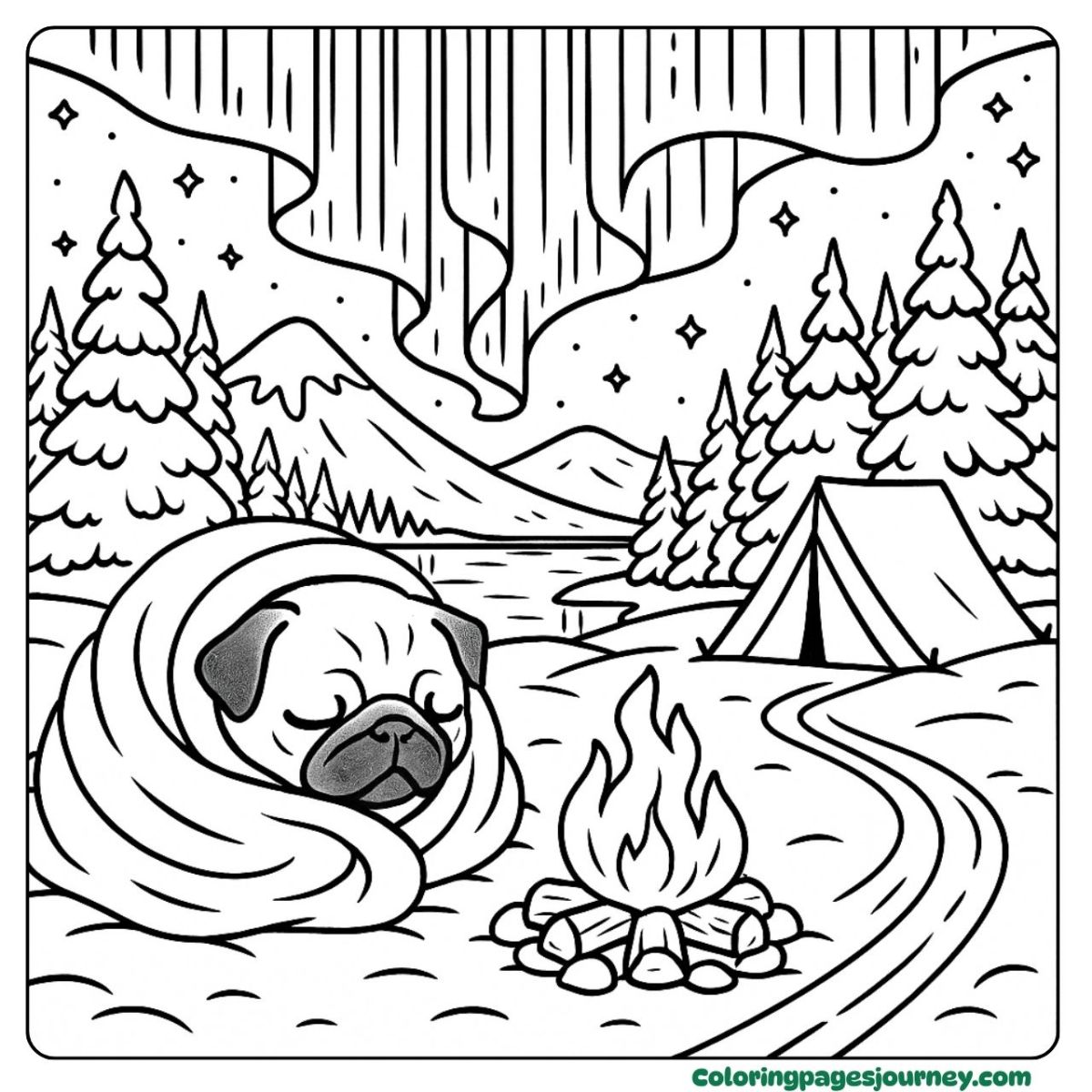 A realistic Pug coloring page with a cozy campfire A realistic Pug coloring page beside a glowing fire