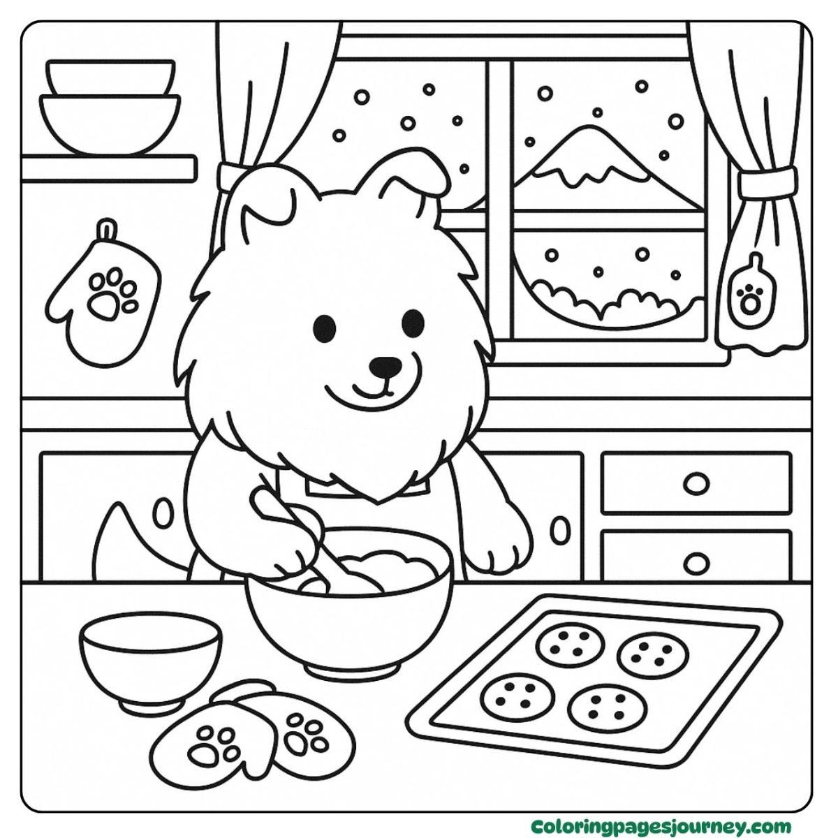 A Shetland Sheepdog coloring page baking treats indoors A Shetland Sheepdog coloring page with cookies at home