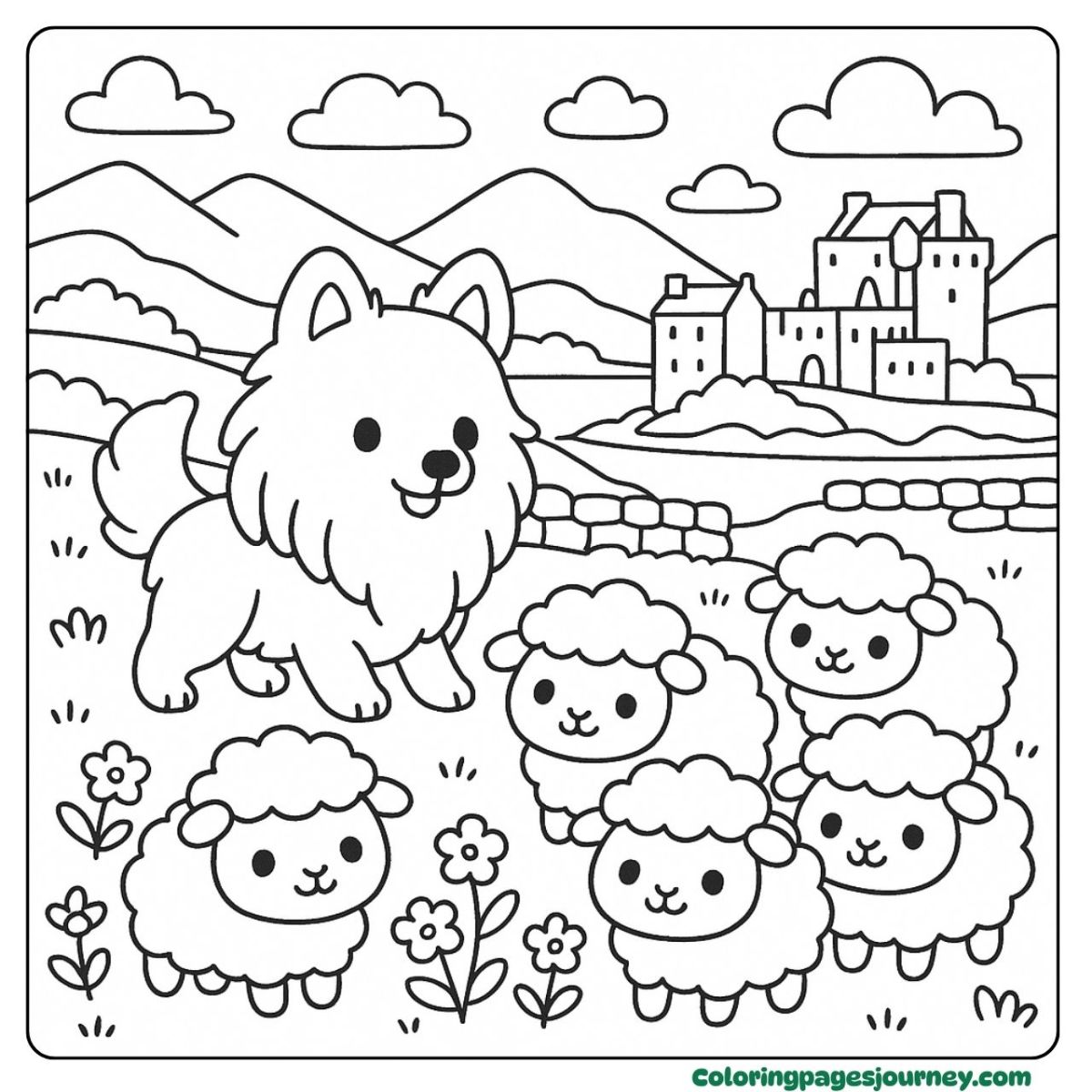 A Shetland Sheepdog coloring page herding sheep by the hills A Shetland Sheepdog coloring page in a field with sheep