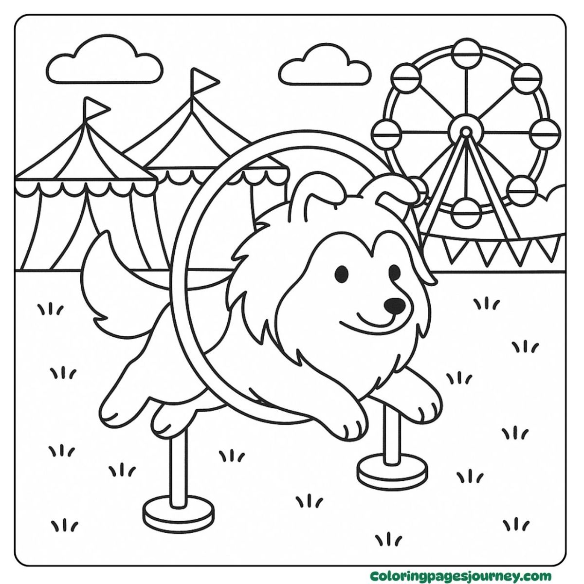 A Shetland Sheepdog coloring page with fun fair tricks A Shetland Sheepdog coloring page showing fairground tricks