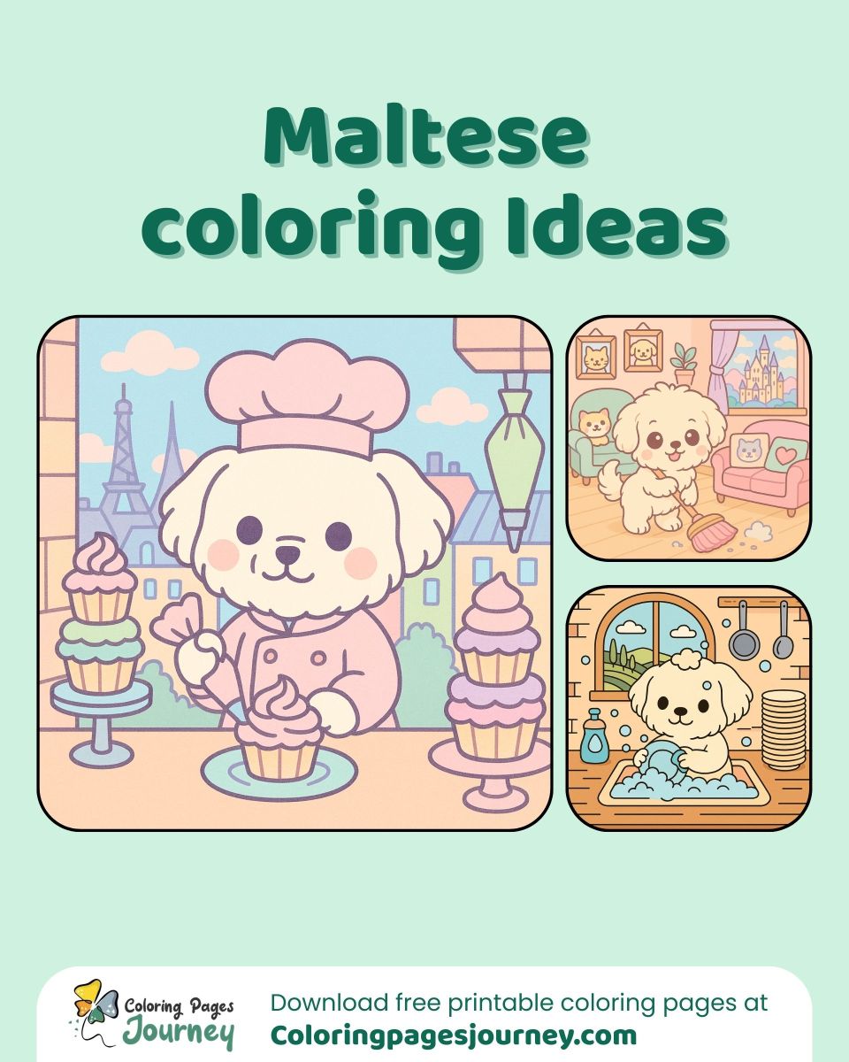 Adorable Maltese coloring ideas in everyday adventures A set of cute Maltese coloring pages for home and kitchen fun