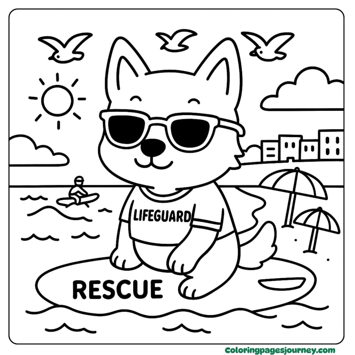 An Australian Cattle coloring page with a beach lifeguard pup An Australian Cattle coloring page on beach in lifeguard outfit