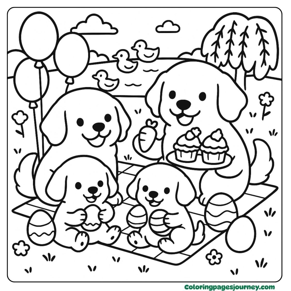 An Easter dog coloring page with a happy family picnic An Easter dog coloring page with dogs having a picnic