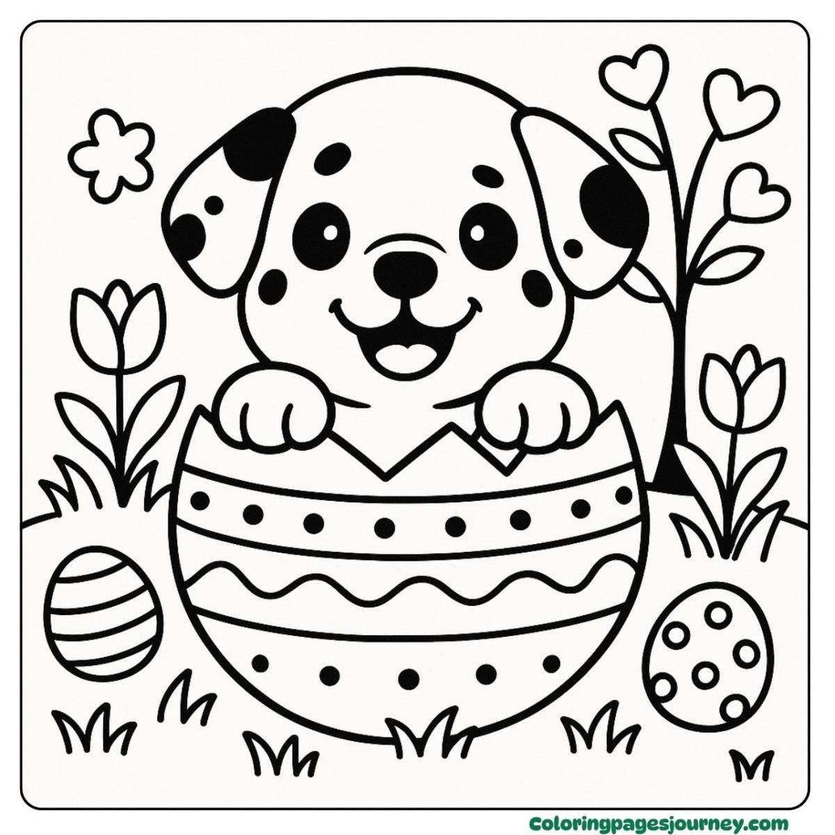An Easter dog coloring page with a pup in a giant egg An Easter dog coloring page featuring a dog in an egg shell