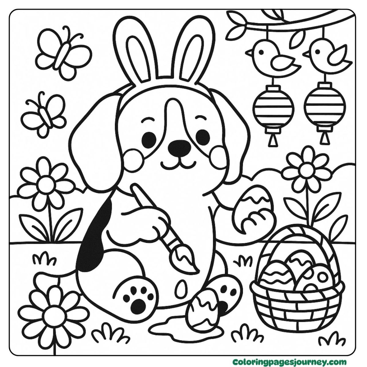 An Easter dog coloring page with bunny ears and painted eggs An Easter dog coloring page showing a dog painting eggs