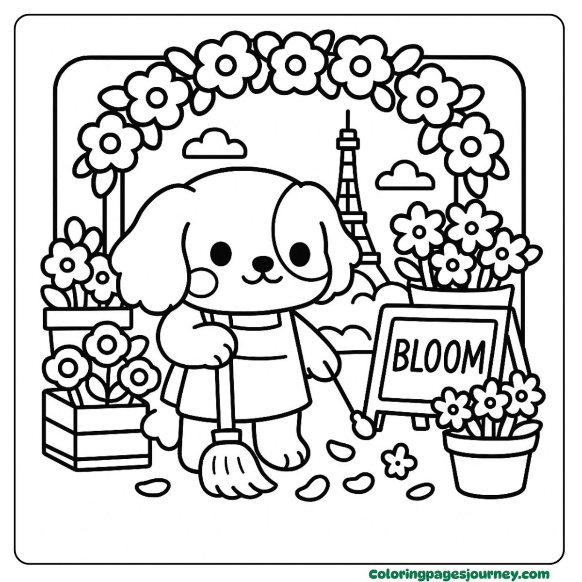 An easy dog coloring page at the flower market An easy dog coloring page of selling flowers