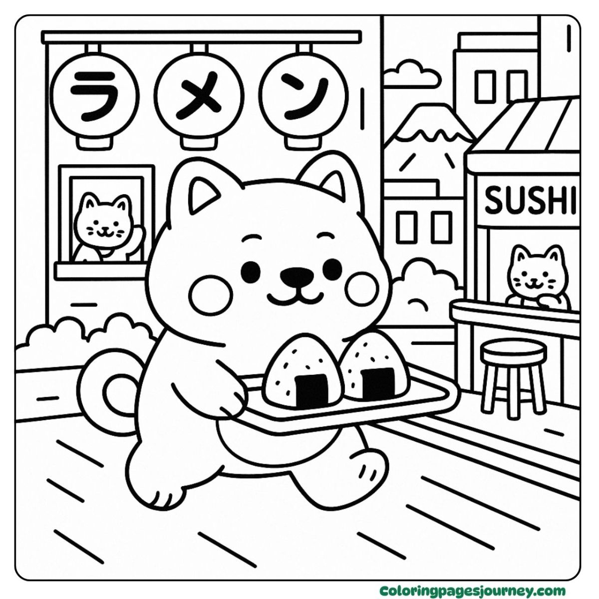 An easy dog coloring page in a sushi street An easy dog coloring page of serving Japanese food