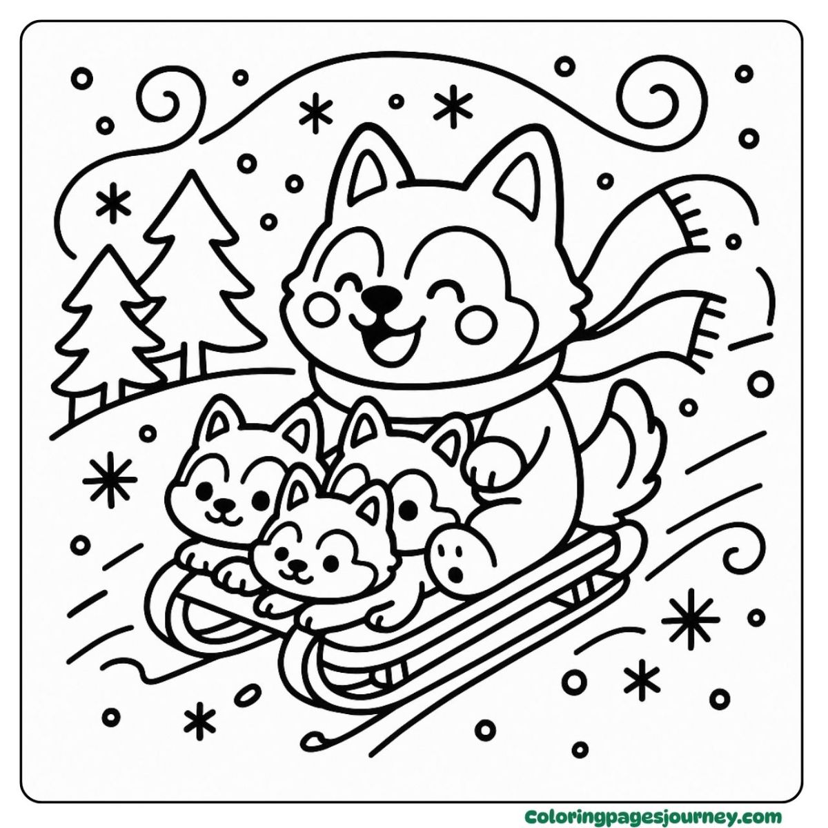An easy dog coloring page of sledding pups An easy dog coloring page enjoying sledding