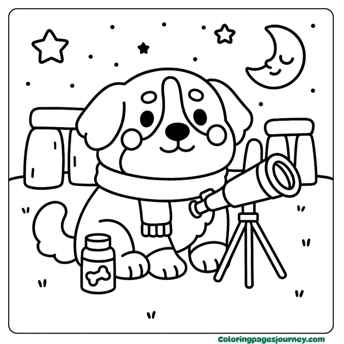 An easy dog coloring page of stargazing at night An easy dog coloring page looking at the night sky