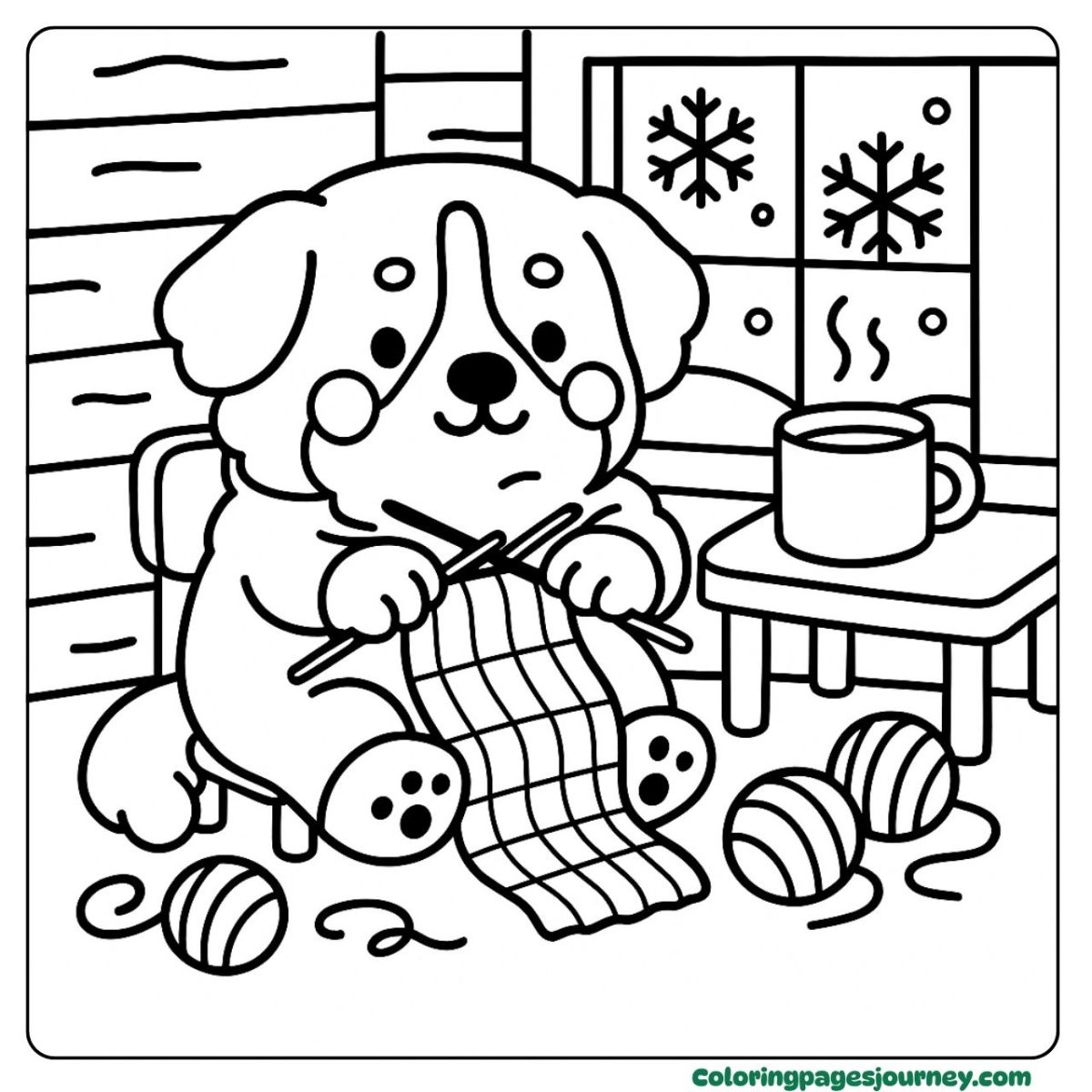 An easy dog coloring page of winter knitting An easy dog coloring page knitting in a cozy scene