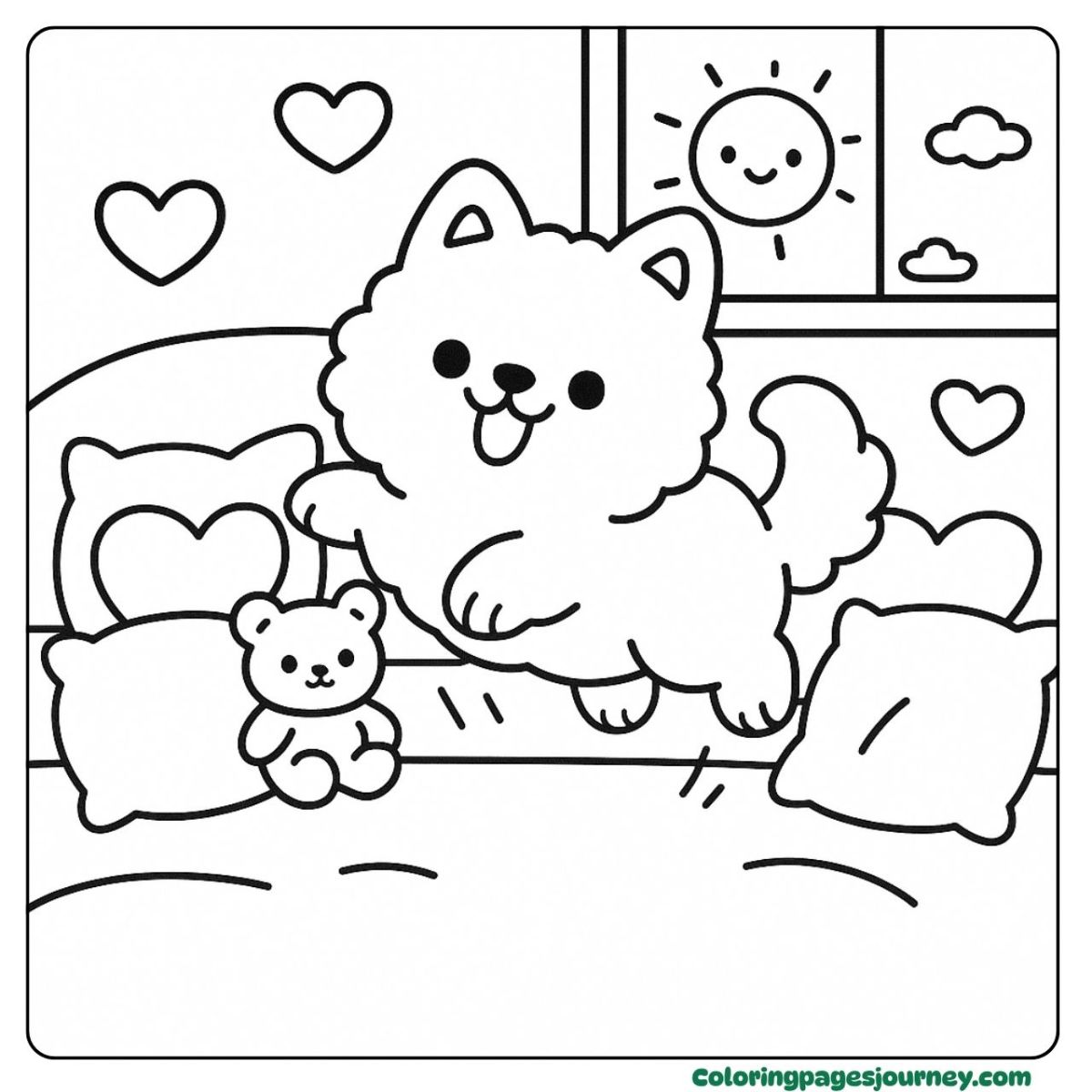 An easy dog coloring page on a cozy bed An easy dog coloring page jumping on the bed