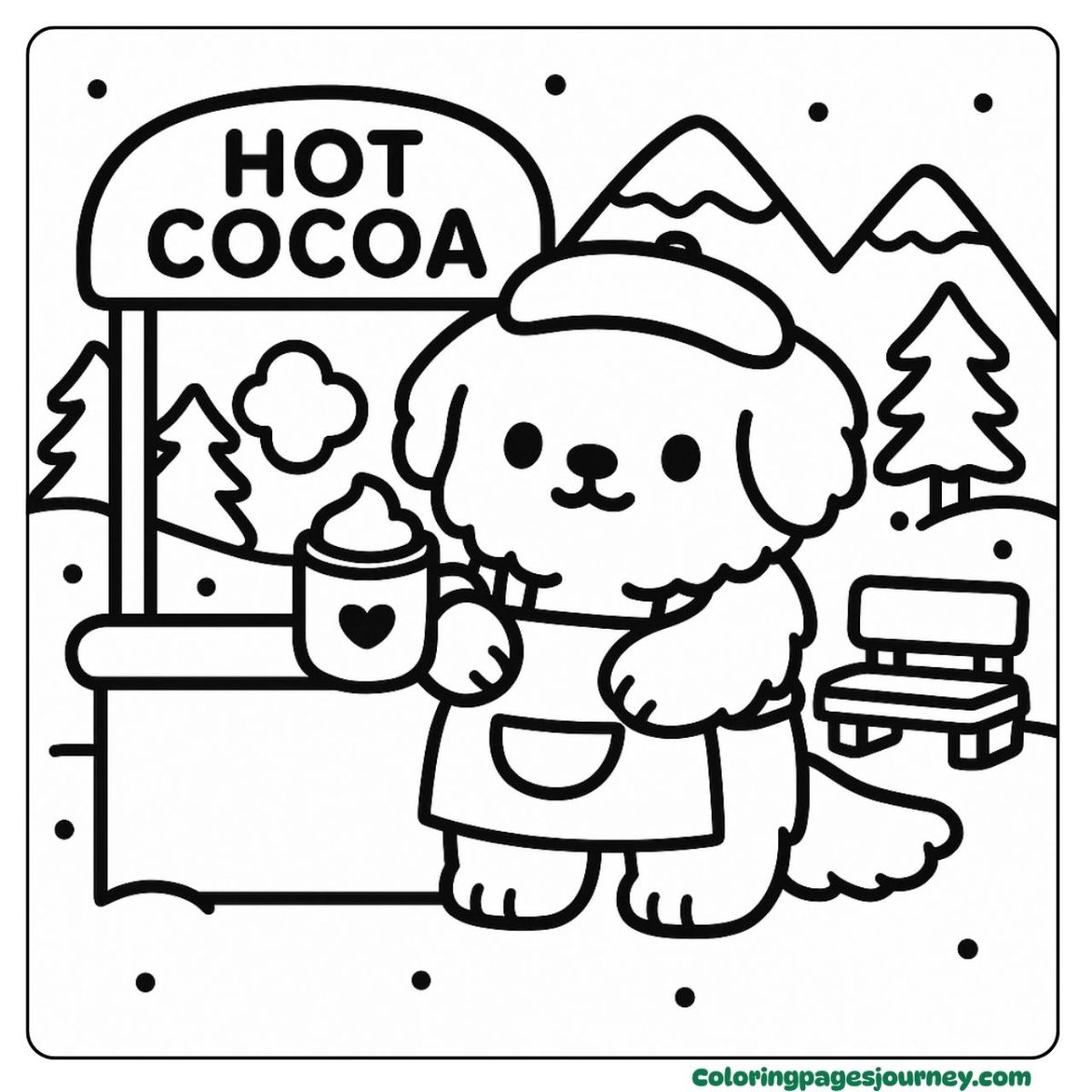 An easy dog coloring page with a cocoa stand An easy dog coloring page standing near a hot cocoa booth