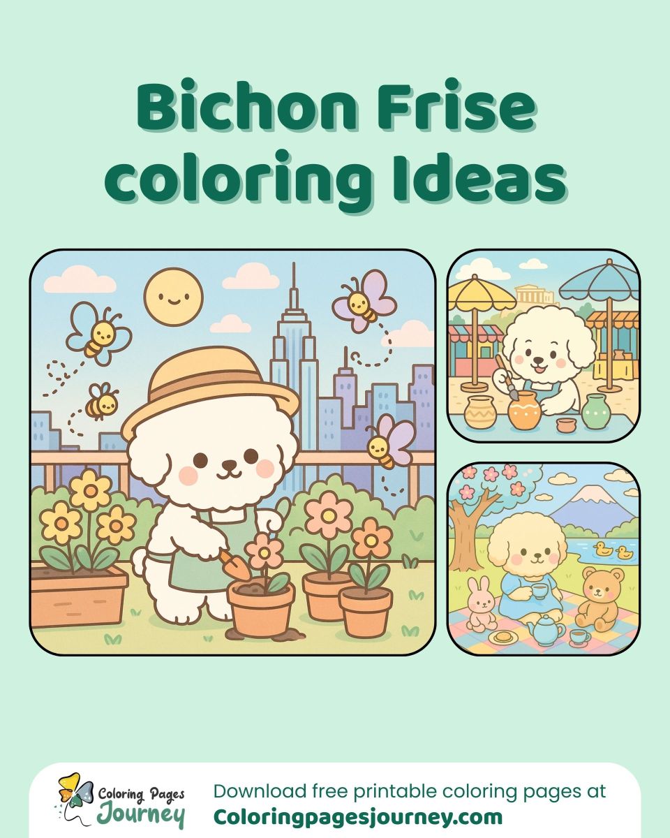 Bichon Frise coloring ideas with relaxing activities A Bichon Frise coloring page collage showing fun and cozy scenes