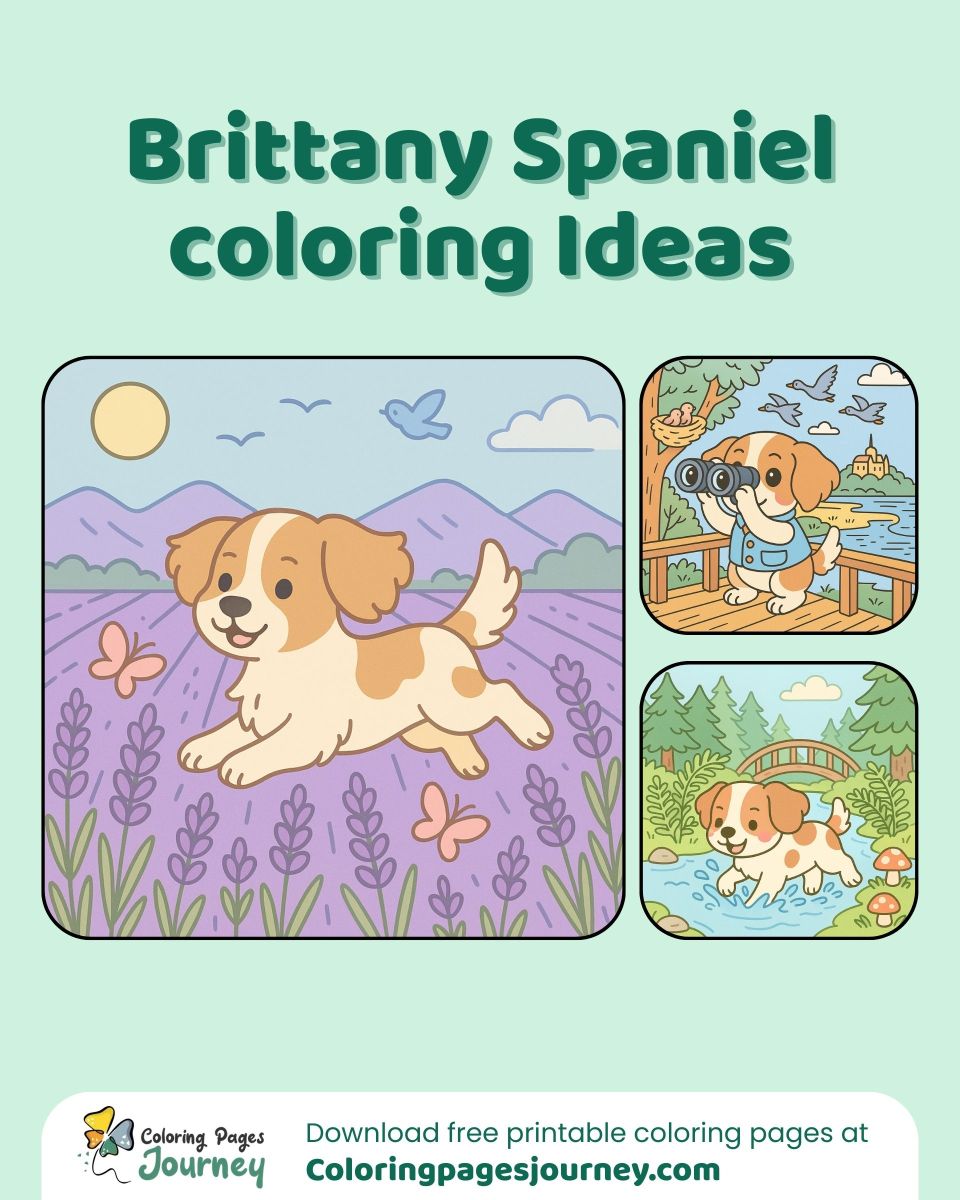 Brittany Spaniel coloring page ideas for outdoor fun A Brittany Spaniel coloring page set with playful dog scenes