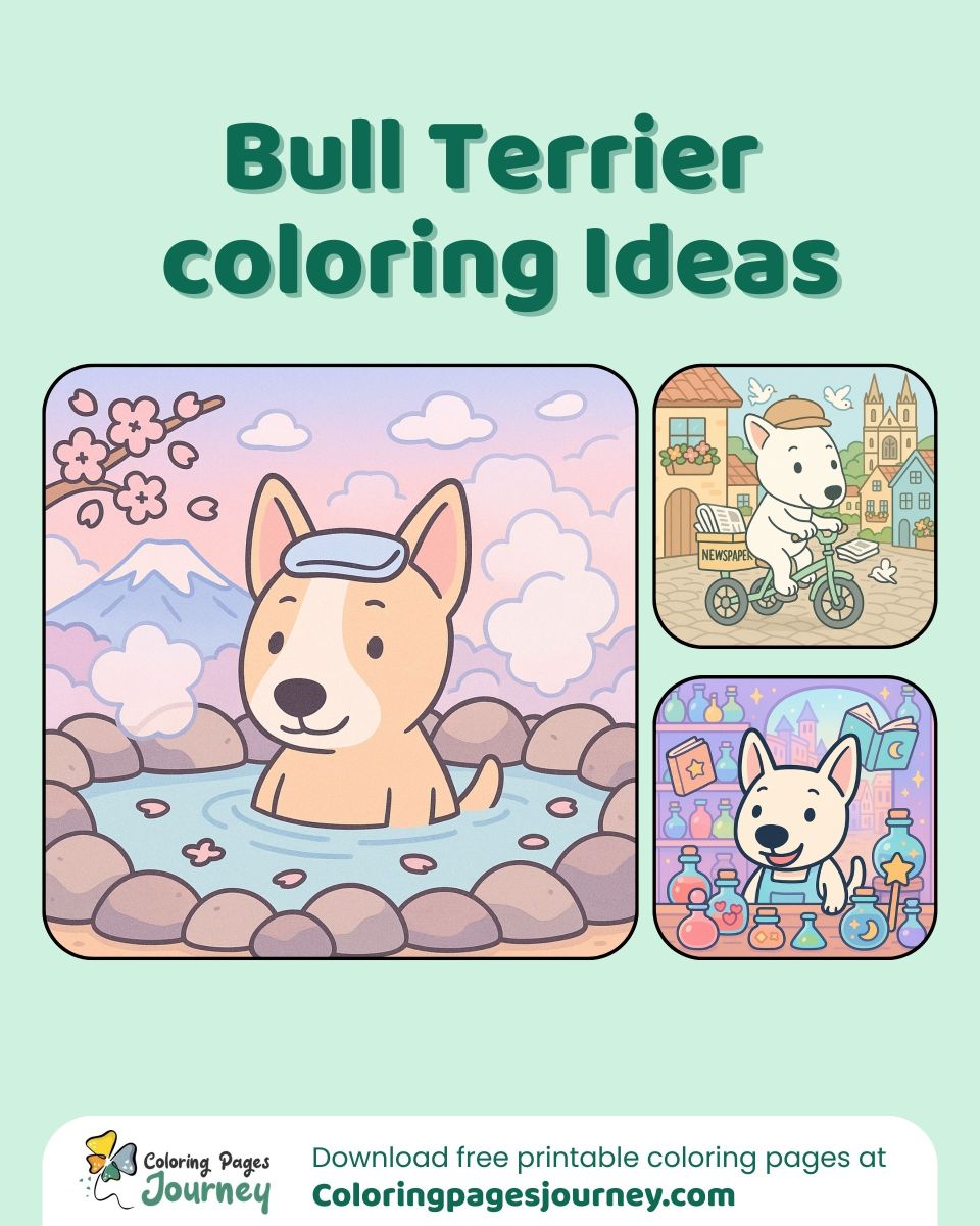 Bull Terrier coloring page ideas with fun and cozy scenes A Bull Terrier coloring page set of cute daily moments