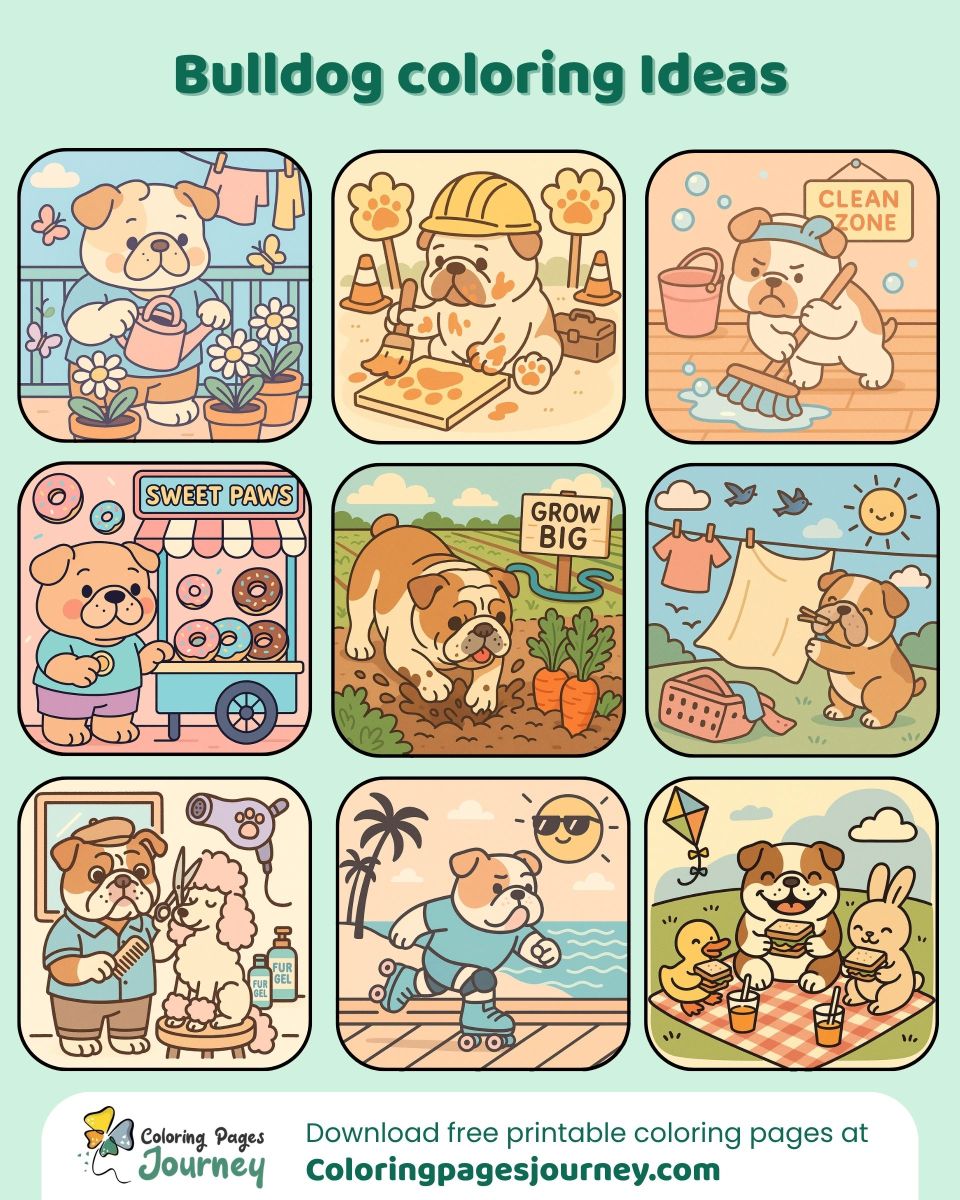 Bulldog coloring ideas for fun daily life and outdoor play Bulldog coloring ideas showing cute daily activities