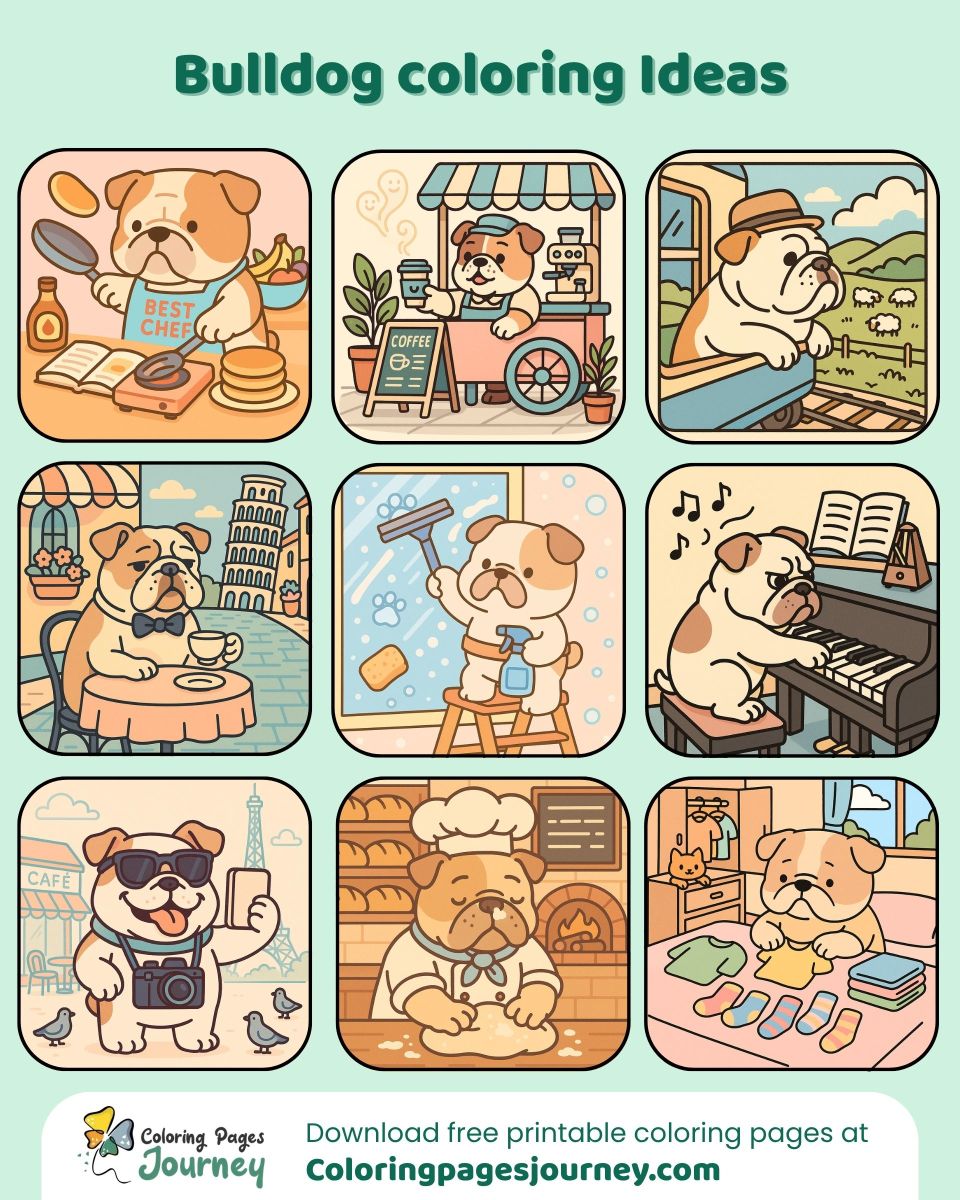Bulldog coloring ideas with cozy scenes and travel fun Bulldog coloring ideas featuring cozy and travel moments
