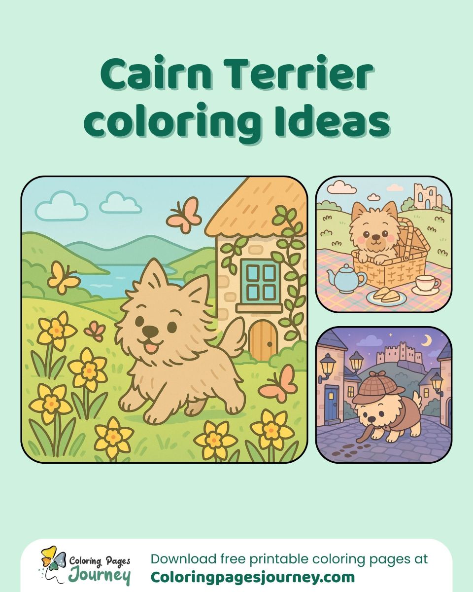Cairn Terrier coloring page ideas for cozy adventures A Cairn Terrier coloring page collection with cute scenes