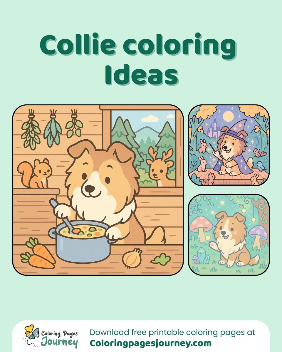 Charming Collie coloring ideas full of magic and coziness A collage of cute and magical Collie coloring pages to spark creativity