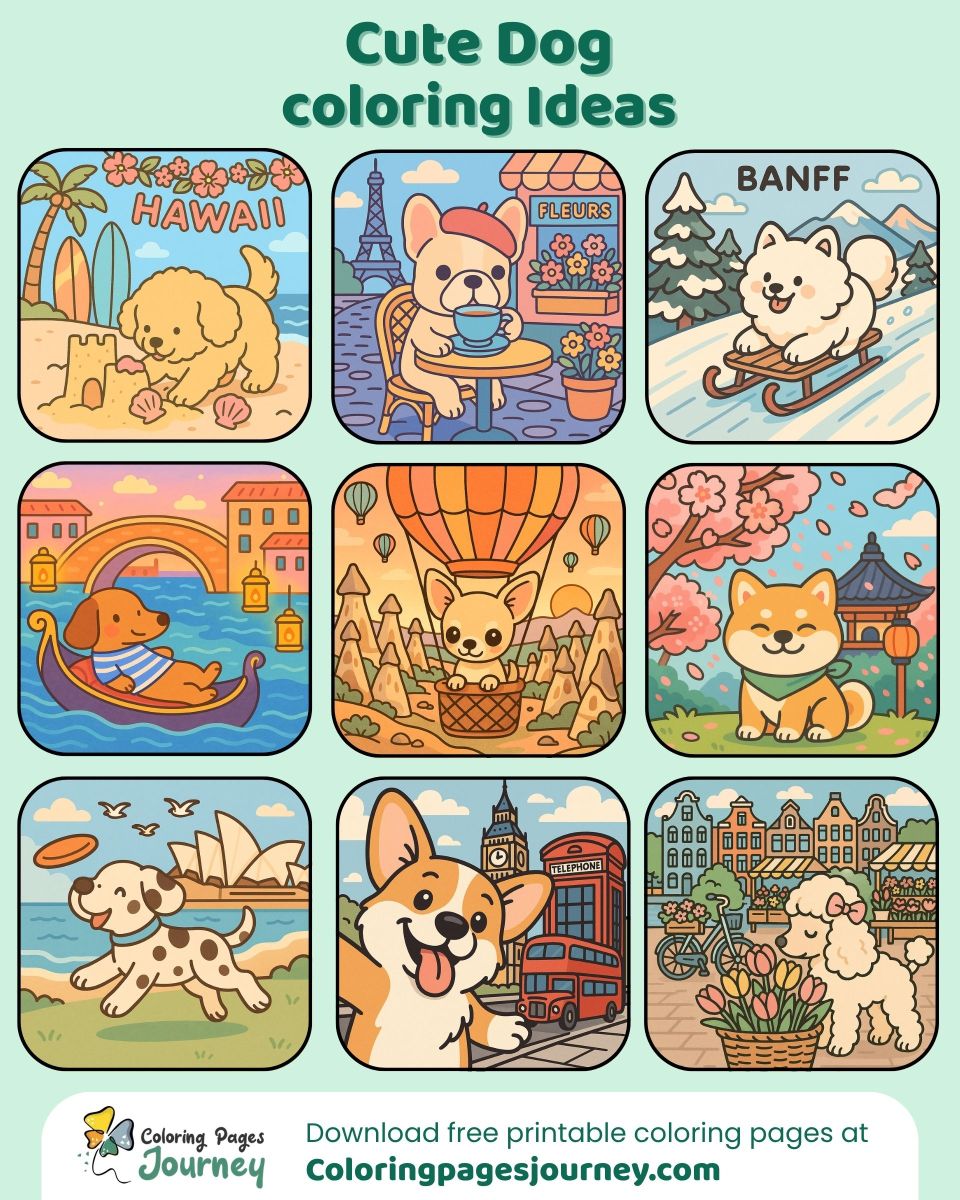 Cute dog coloring ideas to spark your creativity A set of cute dog coloring pages in one colorful image