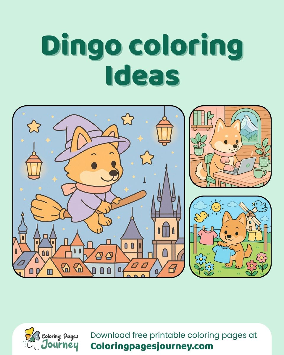 Dingo coloring ideas in cozy, magical, and sunny moments A collection of Dingo coloring pages in daily and magic scenes