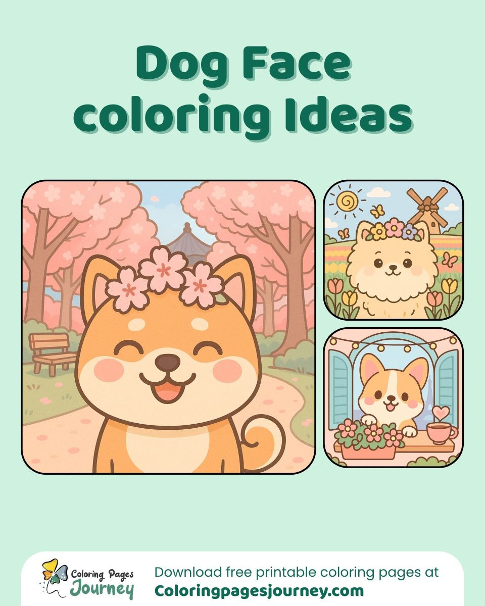 Dog face coloring page ideas with flowers and cozy charm A dog face coloring page collection with cute floral scenes
