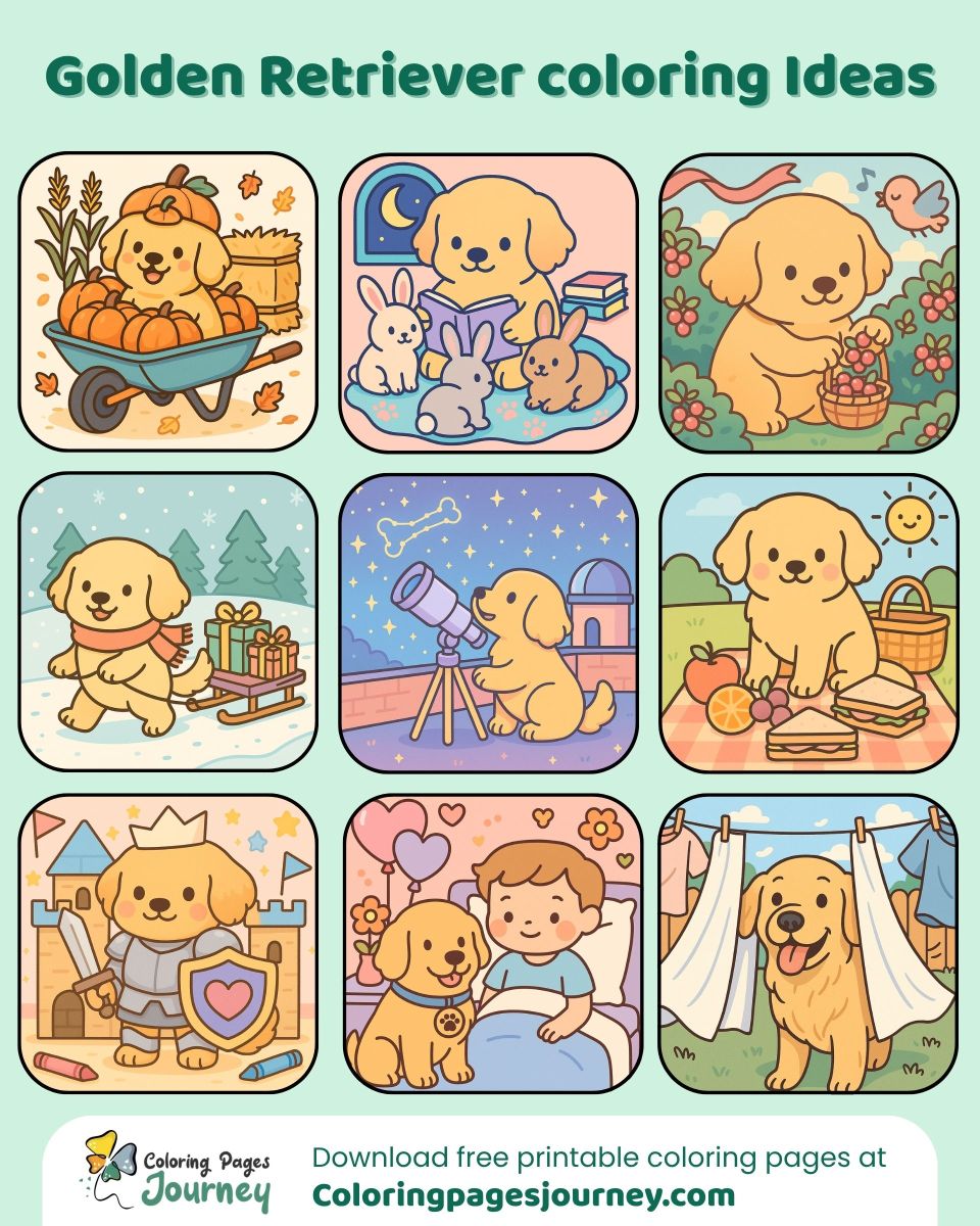 Golden Retriever coloring ideas in playful everyday scenes Golden Retriever coloring ideas with daily moments