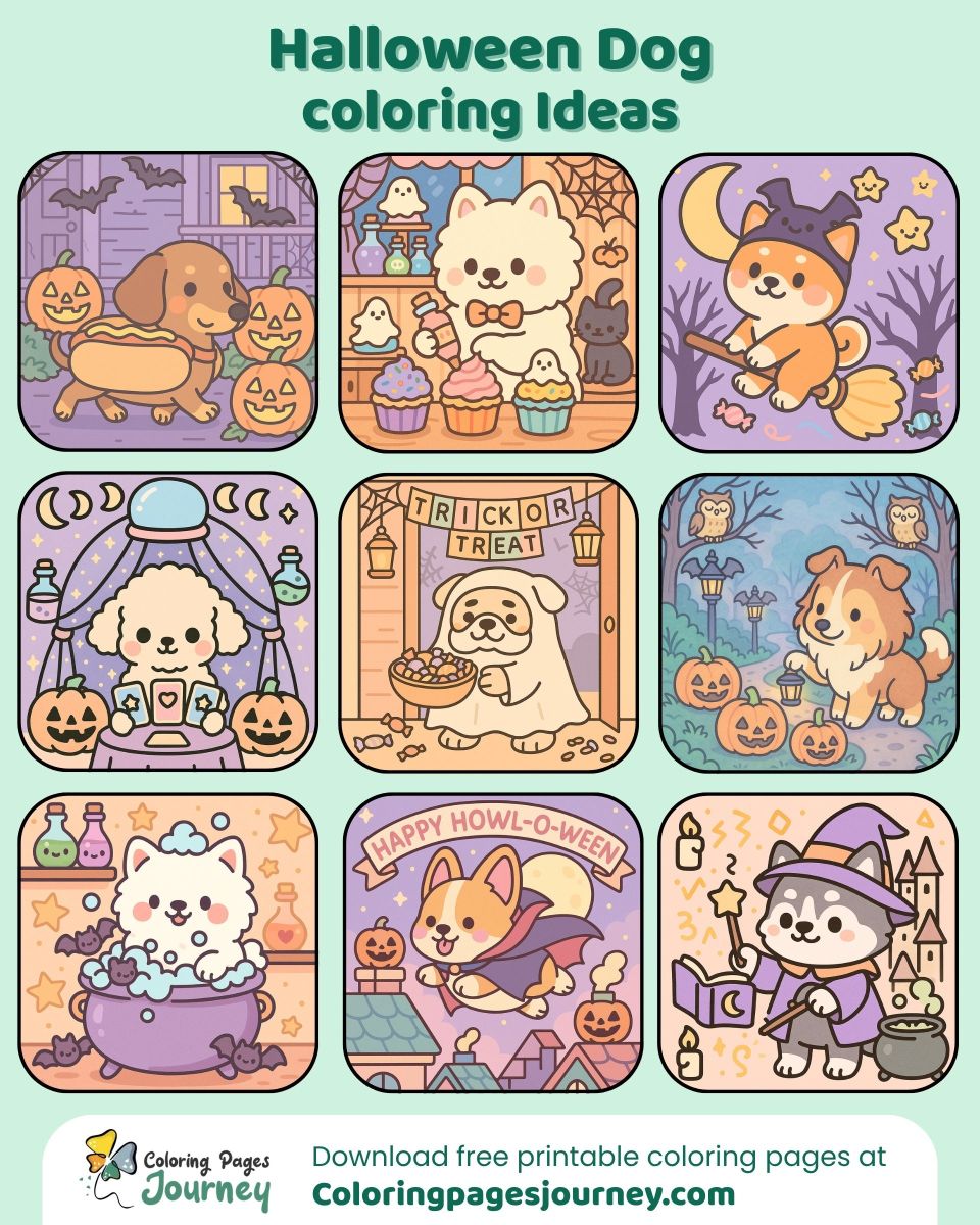 Halloween dog coloring page ideas with cute spooky scenes A Halloween dog coloring page set with fun and haunted scenes