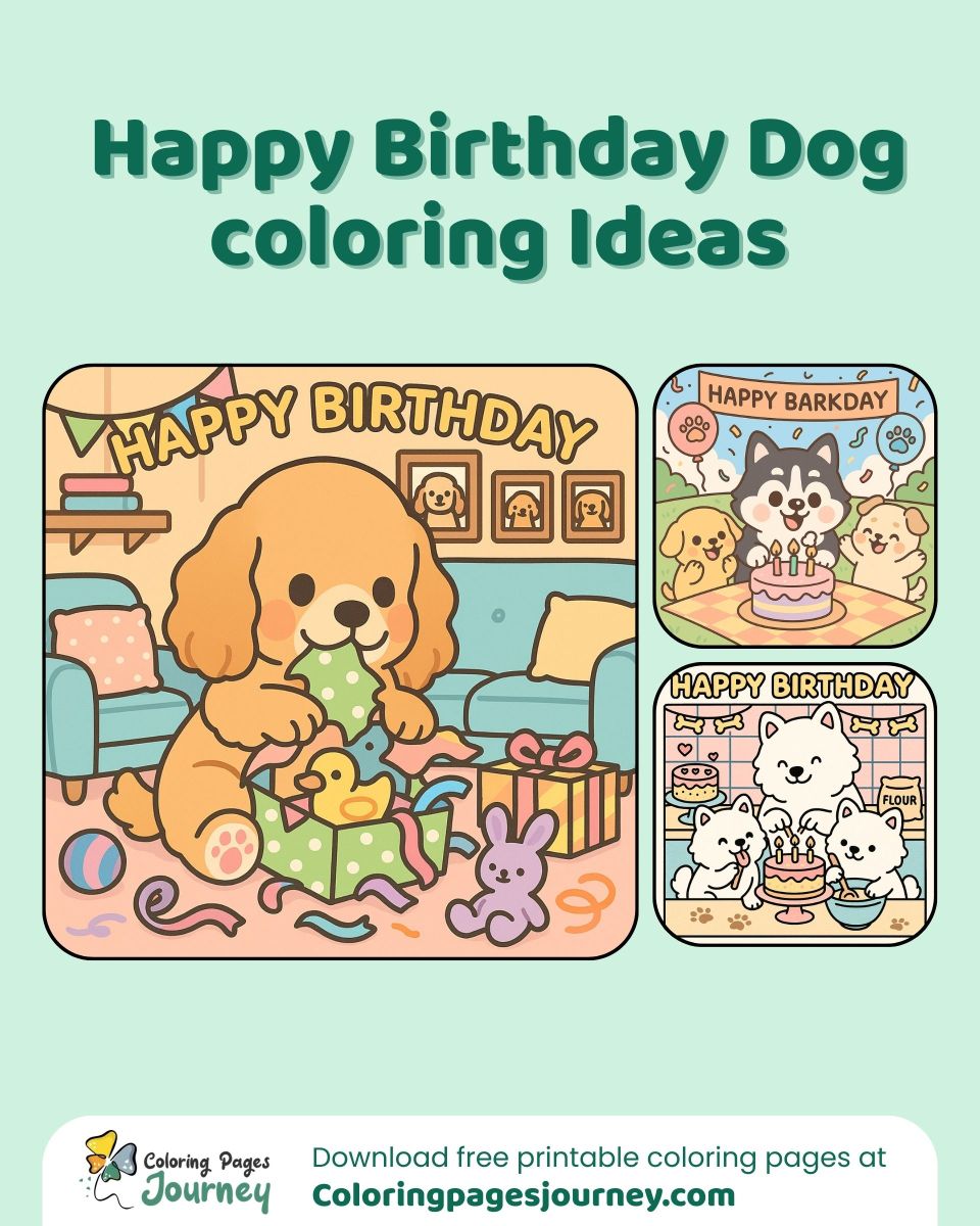 Happy birthday dog coloring ideas with cute party scenes A set of happy birthday dog coloring pages with cakes and gifts