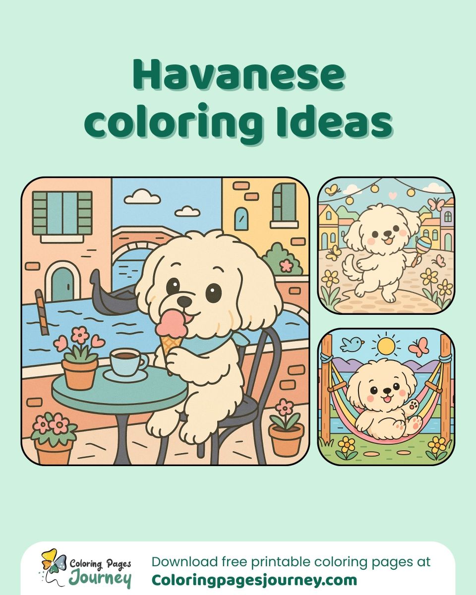 Havanese coloring page ideas for joyful moments A set of Havanese dog coloring pages full of happy scenes